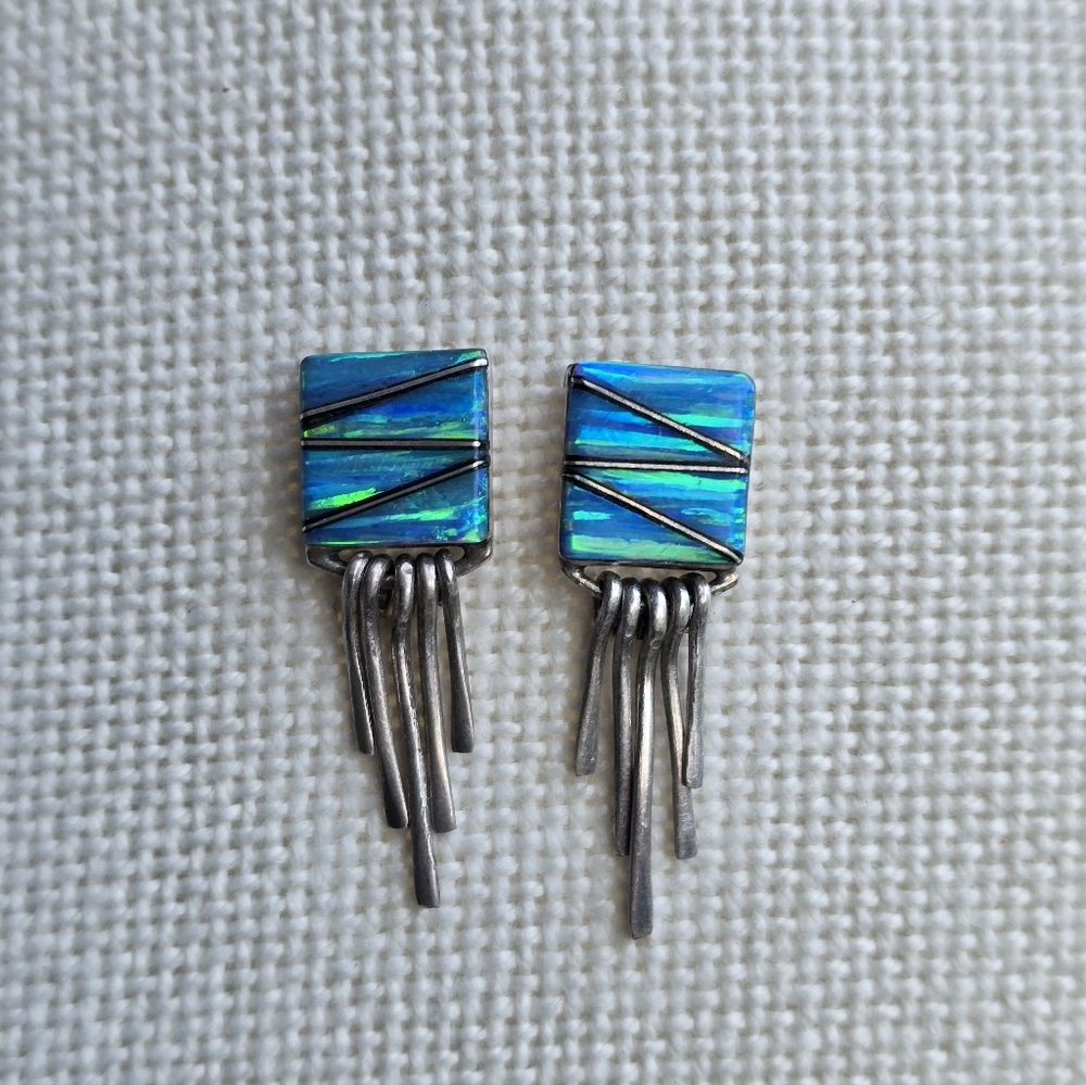 Square Sterling Silver Opal Drop Earrings